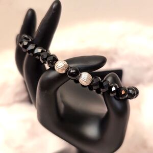 Black Spinel And Silver Toned Beaded Stretch Bracelet